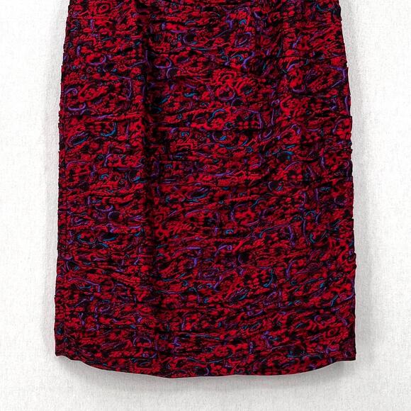 RAUL BLANCO Vintage 80s Silk Pencil Skirt 12 Red Multi Scrunch Ruched Printed - Picture 6 of 15